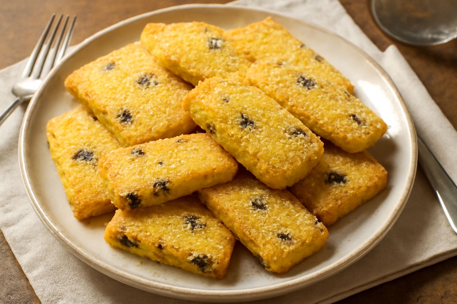 Zaletti dorati disposti su un piatto di ceramica bianca, biscotti rettangolari croccanti con granelli di zucchero in superficie e uvetta visibile, sfondo di cucina rustica con farina sparsa
