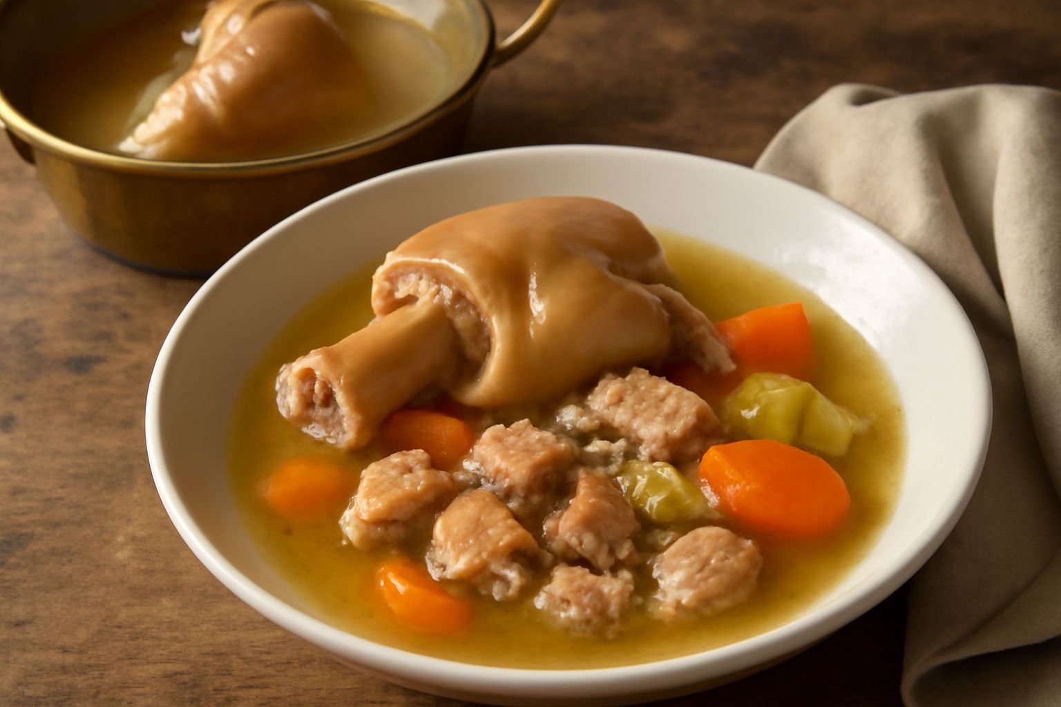 Zampa di maiale cotta in brodo fumante, in pentola di terracotta, circondata da carota, sedano e cipolla, con prezzemolo fresco in superficie