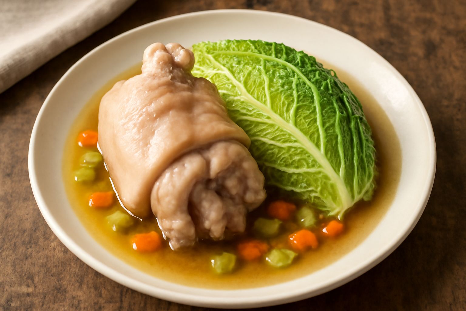Piatto bianco con zampa di maiale bollita, pelle dorata e morbida, accanto a fette di verza verde tenera, nel brodo caldo fumante con carota e sedano visibili, con fette di pane tostato ai bordi