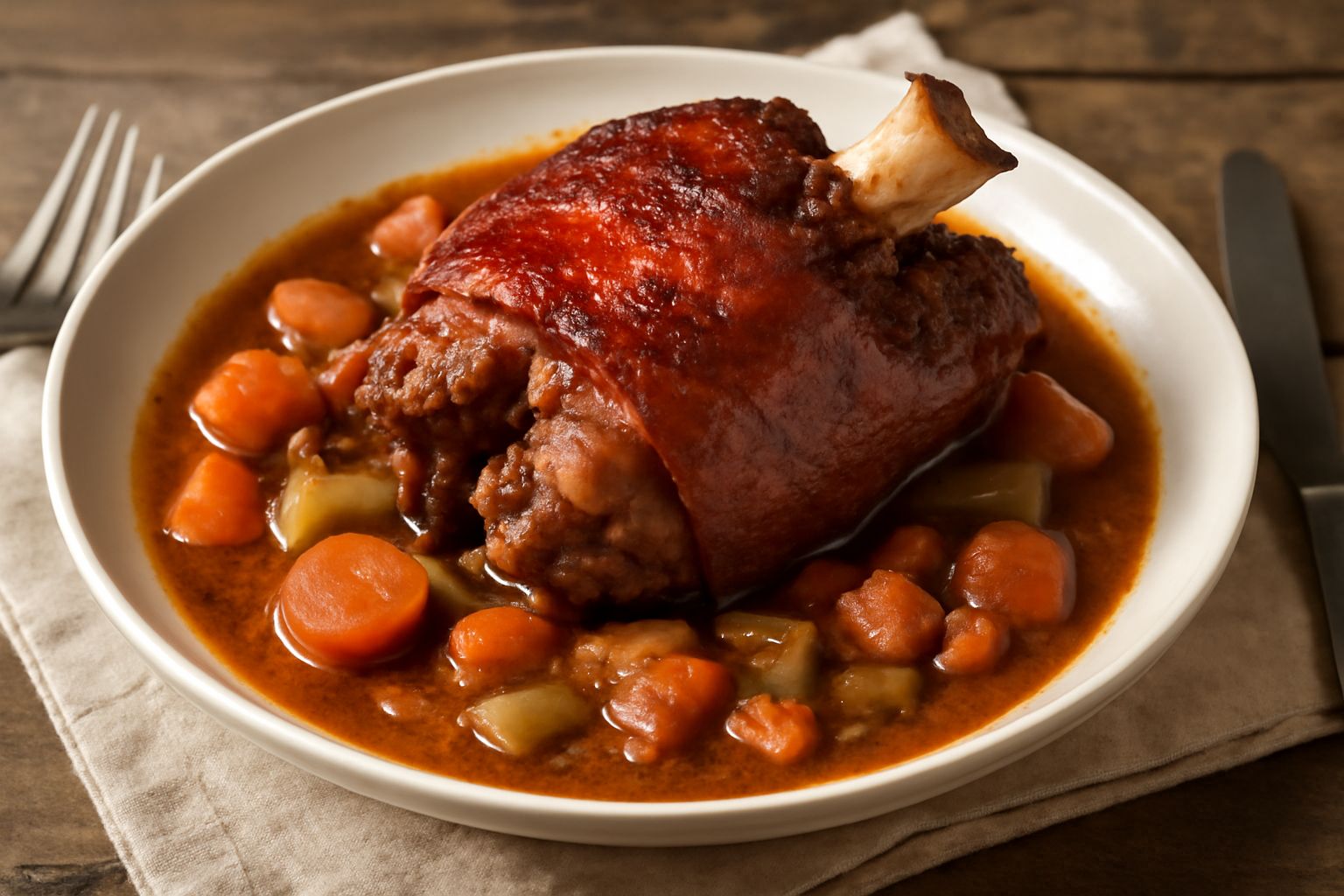 Zampa di maiale in umido servita in un piatto bianco, con una crosta rosso-brunastra, circondata dal suo brodo scuro e denso, con carote arancioni e sedano tra la carne