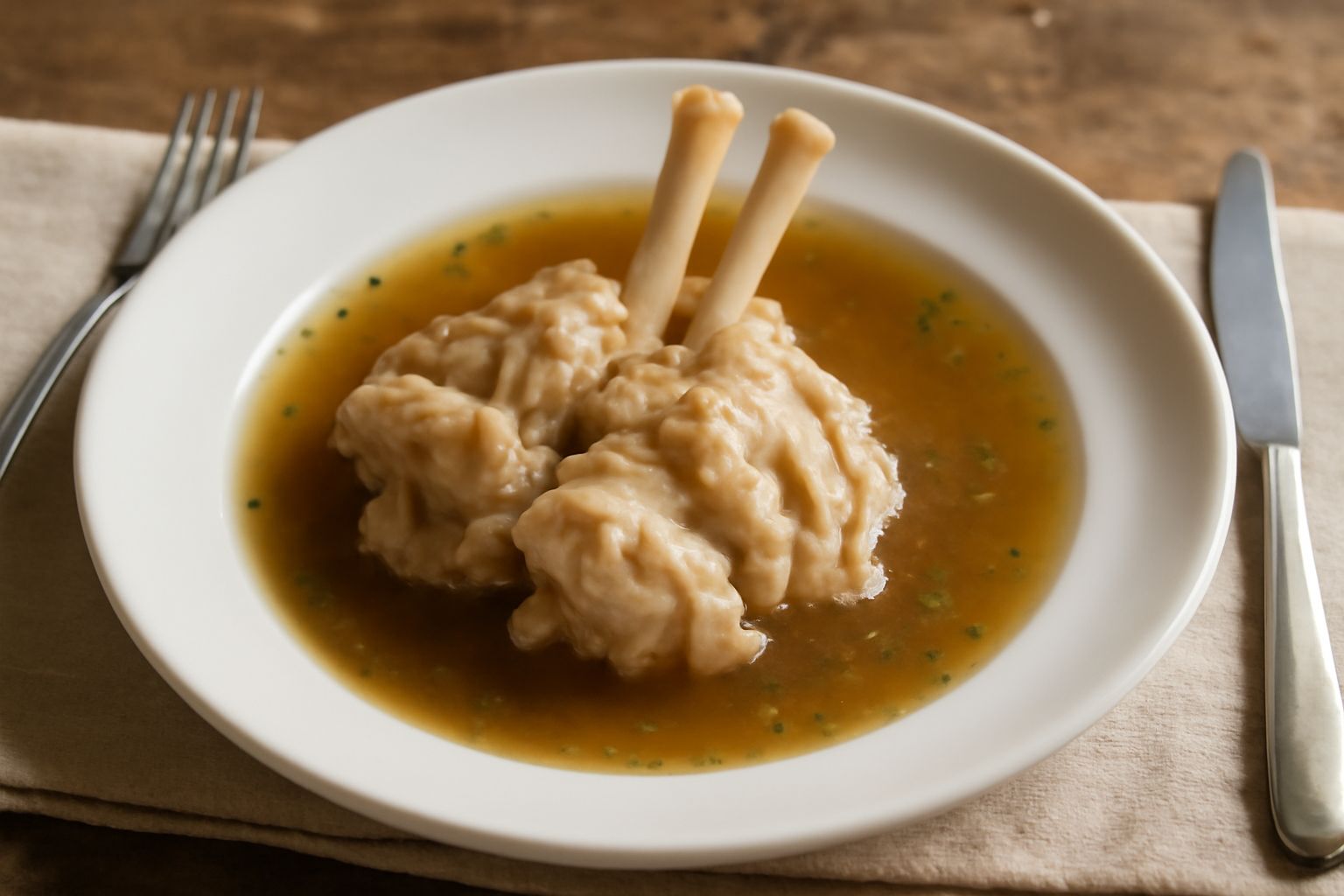 Zampa di vitello in un piatto di ceramica bianca con brodo trasparente e dorato, fettine di carota e sedano visibili, prezzemolo fresco sopra, vapore che sale dalla tazza