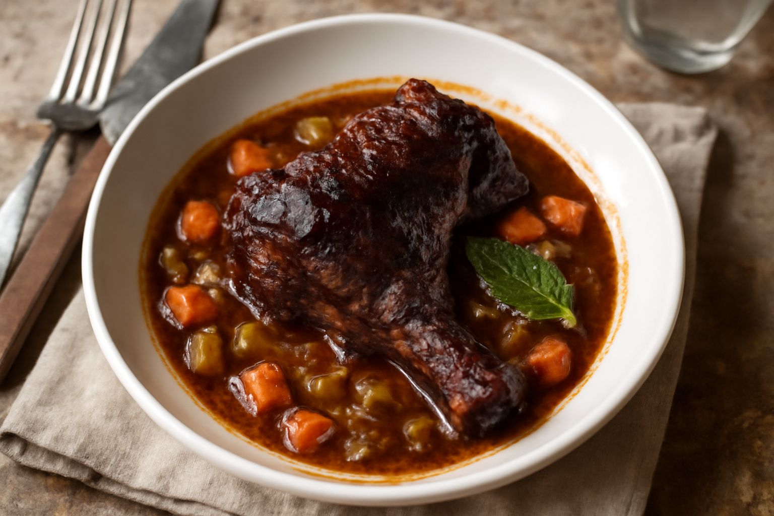 Zampa di vitello in umido servita in piatto fondo bianco, carne scura e cotta circondata da sugo brunastro con pezzi di carota, sedano e cipolla, guarnita con prezzemolo fresco