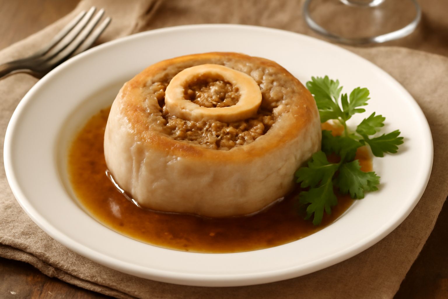 Zampa di vitello ripiena tagliata trasversalmente nel piatto, che mostra l'osso midolloso e il ripieno di carne e verdure, circondata da brodo e cipolla caramellata, con prezzemolo fresco come guarniz