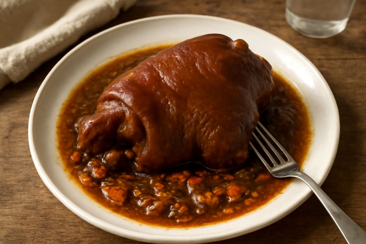 Zampa di vitello in umido in pentola di coccio, carne marrone scuro e tenera circondata da carota, sedano, cipolla e sugo denso e ristretto, servita in piatto fondo bianco con prezzemolo fresco