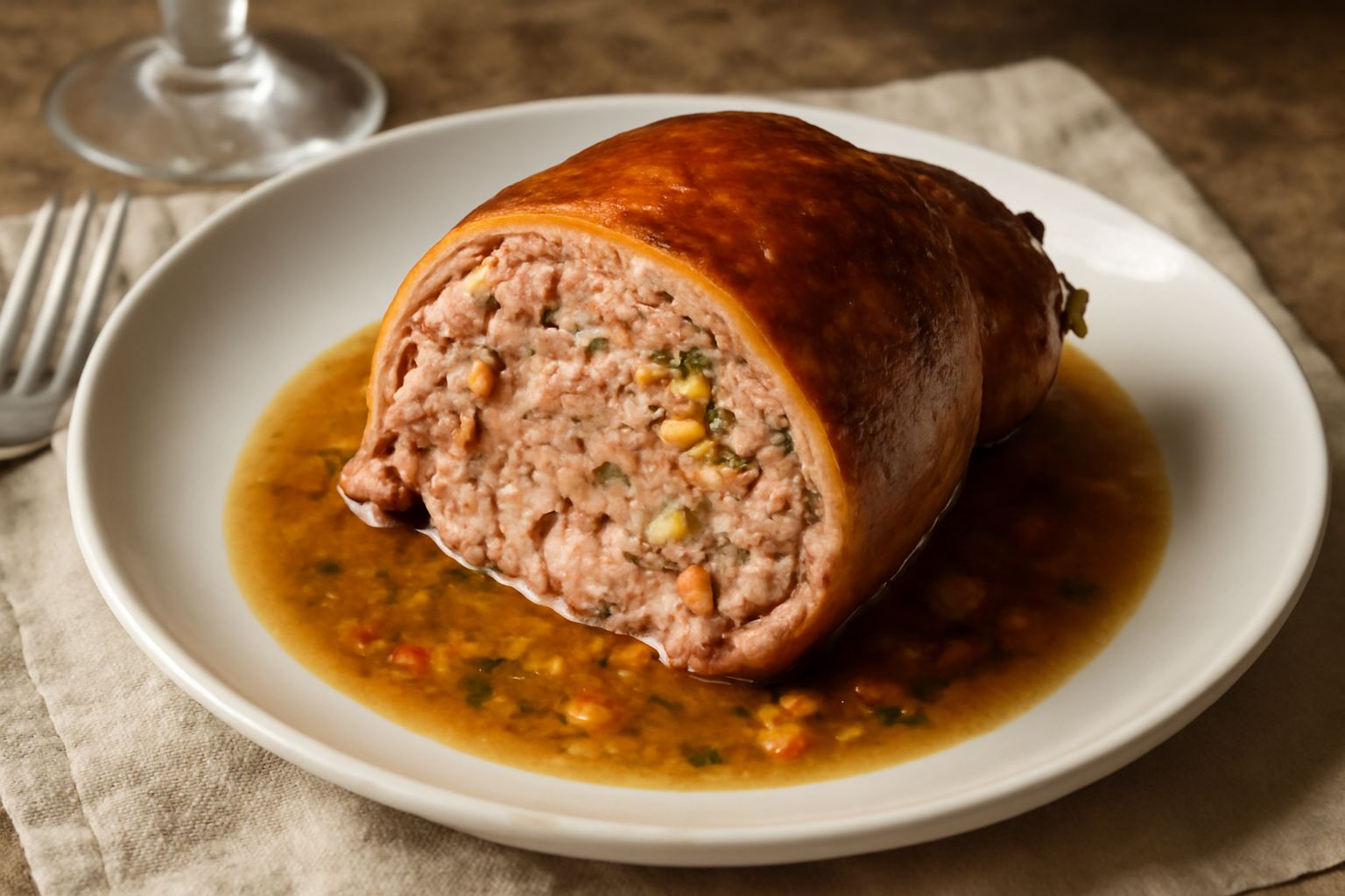Zampa ripiena cotta in primo piano su piatto bianco, tagliata a fette, ripieno visibile di carne macinata con verdure, circondato da salsa di pomodoro e prezzemolo fresco