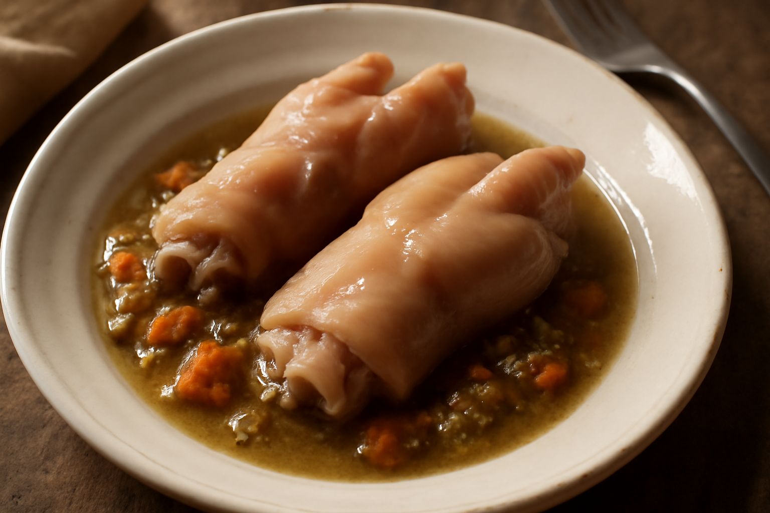 Zampe di maiale bollite in pentola di acciaio con brodo trasparente dorato, carota e sedano affettati, spuma in superficie, vapore salire dal liquido