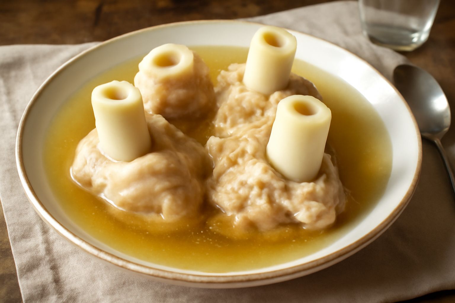 Zampe di vitello bianche e carnute immerse in brodo trasparente e fumante dentro una pentola di acciaio, con verdure soffritte intorno e vapore che sale.