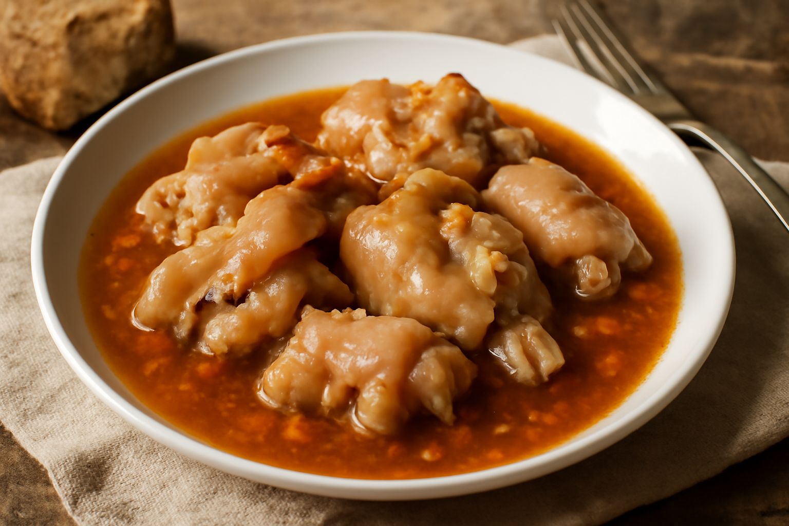 Zampe di vitello in umido in una pentola di terracotta, immerse in brodo ricco di colore marrone scuro, circondate da carote tagliate, sedano e cipolle bianche, con erbe aromatiche visibili in superfi