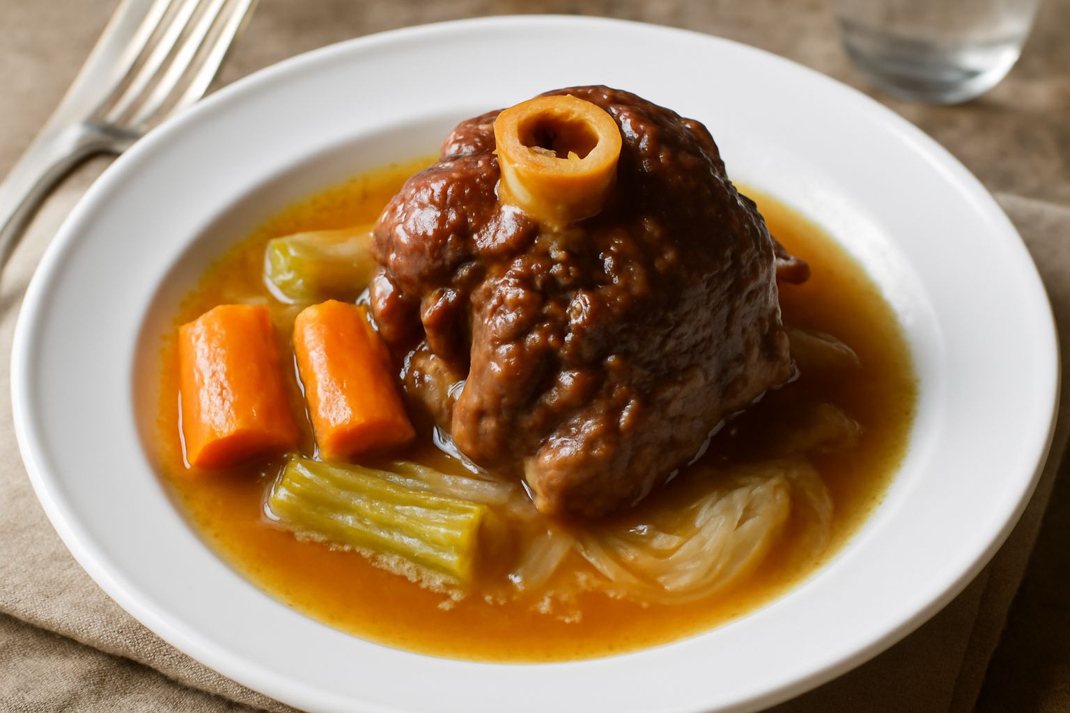 Zampetto di maiale cotto in una pentola di coccio, circondato da carote, sedano e cipolla, brodo trasparente e ambrato, osso visibile con carne tenera e scura