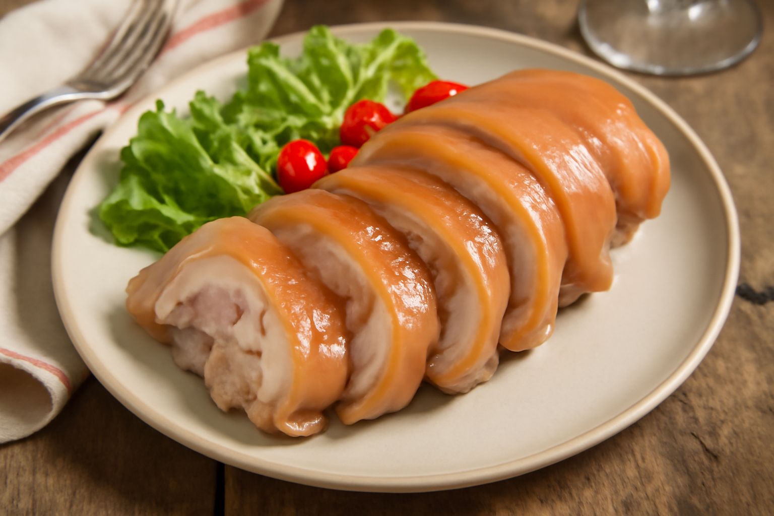 Zampetto di maiale affettato su un piatto bianco, pelle rosata e gelatinosa visibile, contorno di insalata verde e cipolla rossa fresca, tavolo di legno rustico
