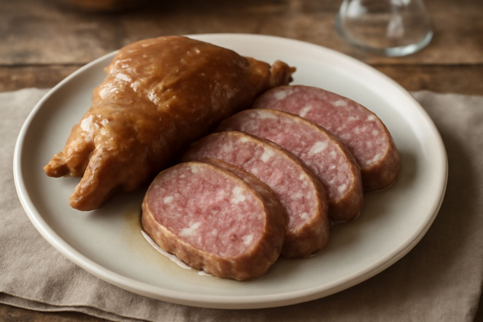 Zampino di maiale tagliato a fette spesse su un piatto bianco, con la gelatina trasparente visibile intorno alla carne rosata, accompagnato da fette di pane nero e contorno di cetriolini verdi