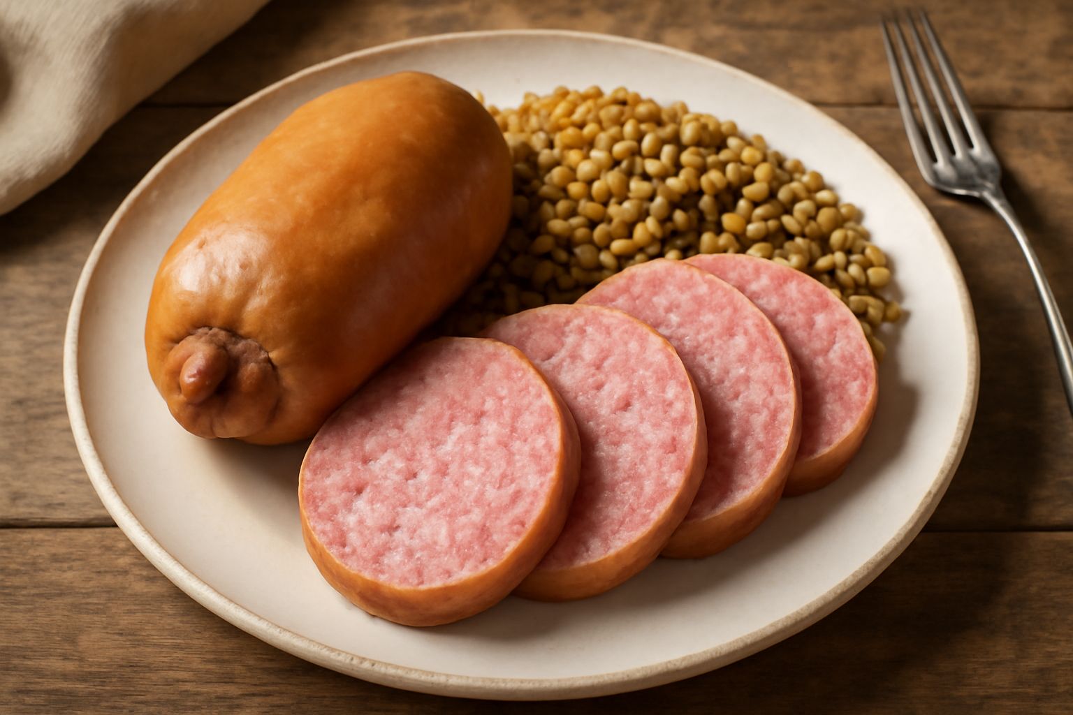 Zampone di Modena affettato su piatto bianco, servito caldo con lenticchie marroni, contorno di purea di patate e brodo di cottura, con pepe nero grosso