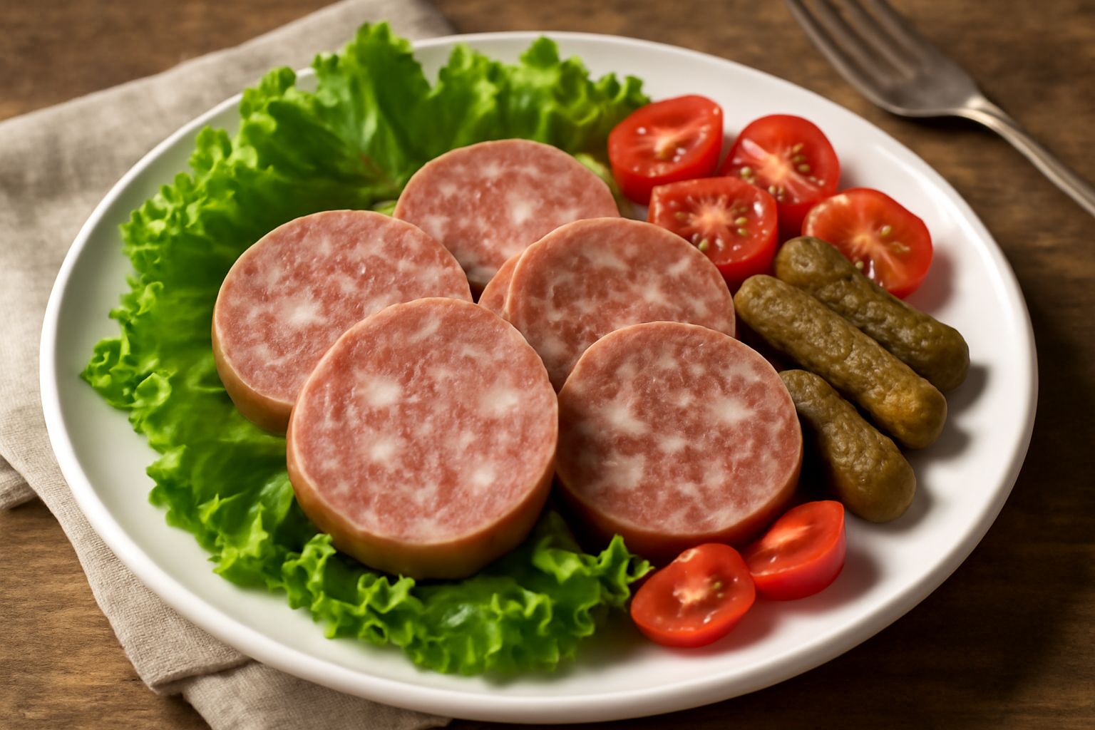 Zampone freddo affettato su un piatto bianco, fette regolari color bruno dorato con striature di grasso, contorno di insalata verde e cetriolini sottaceto