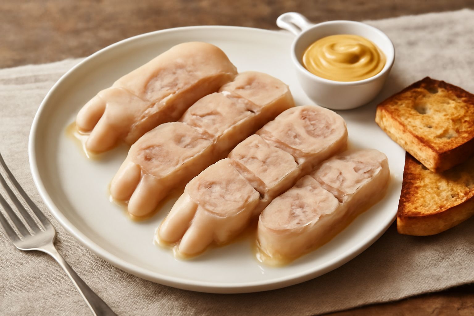 Piatti di porcellana bianca con piedi di maiale avvolti in gelatina trasparente e lucida, guarniti con prezzemolo fresco e pepe nero, seduti accanto a fette di pane tostato e una ciotola di senape