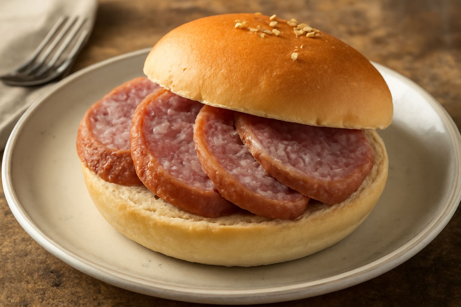 Panino bianco appena tagliato ripieno di fette di zampone caldo, senape gialla visibile sulla superficie della carne, contorno di insalata verde sfumata, servito su piatto bianco con tovagliolo a quad