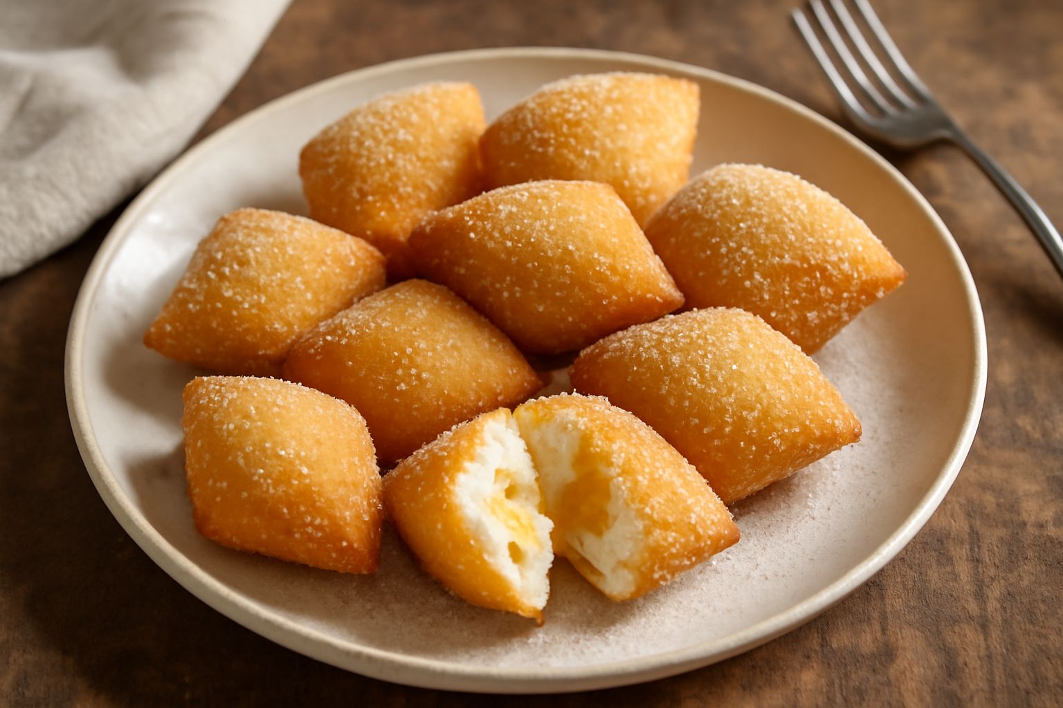 Zedda piras dorate e croccanti, ancora calde, cosparse di zucchero a velo, con spaccature che lasciano intravedere il ripieno bianco di ricotta e miele