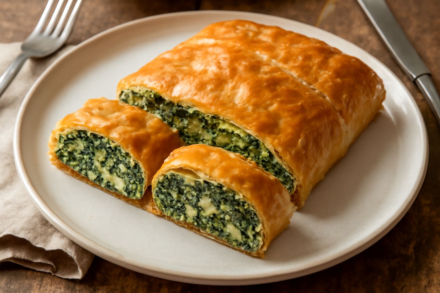 Zelnik tagliato a fette rettangolari con crosta dorata e croccante, ripieno visibile di verdure verdi e formaggio bianco, servito su piatto bianco
