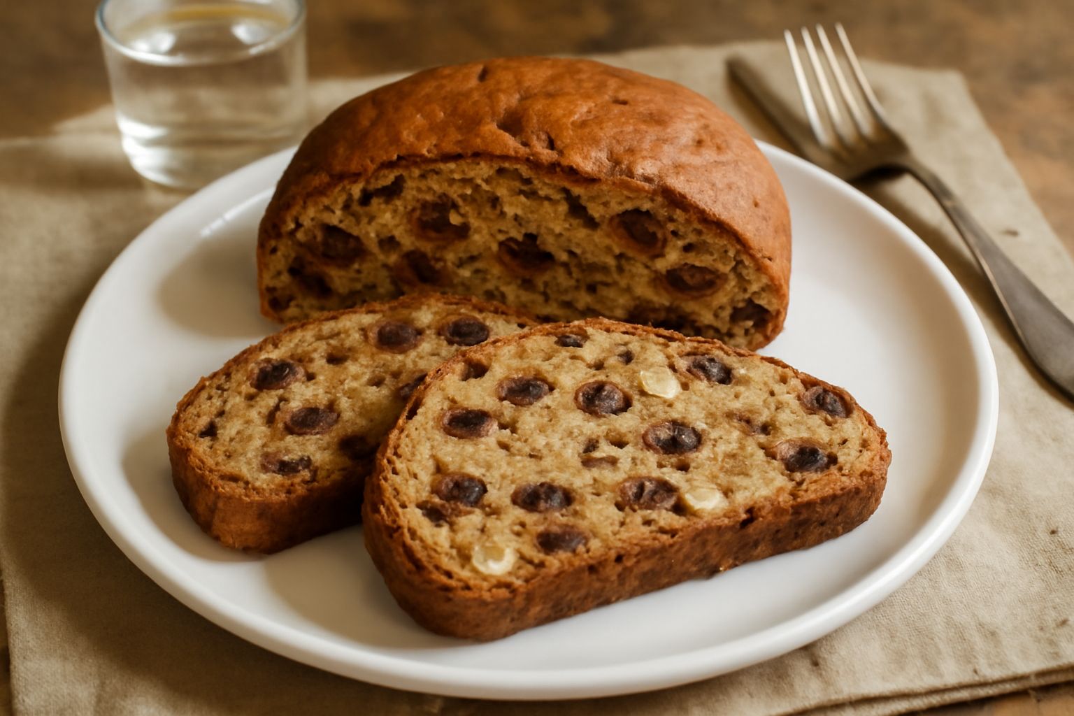 Fetta di zelten color ambrato con visibili pezzi di uvetta, mandorle e frutta candita, tagliata nettamente su un piatto bianco, accanto a una tazza di caffè