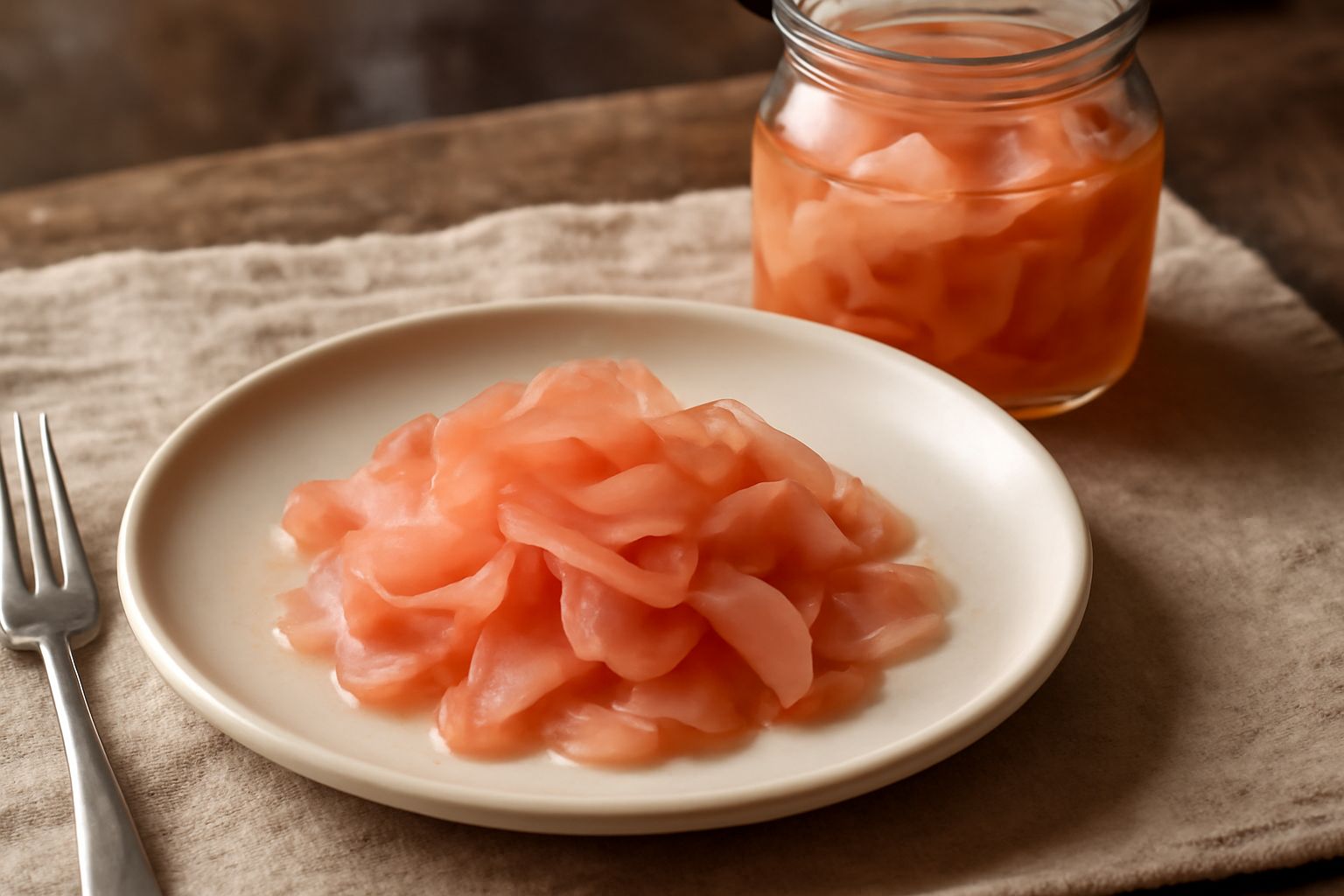 Vasetto di vetro trasparente pieno di fettine di zenzero rosa chiaro immerse in liquido acido e trasparente, con alcuni chicchi di pepe nero visibili sul fondo