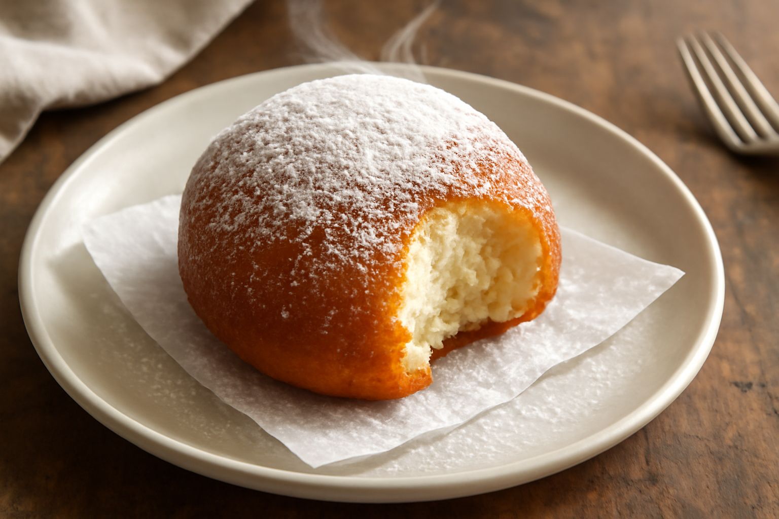 Zeppole dorate fritte appena uscite dall'olio, cosparse di zucchero a velo, disposte su carta assorbente in un piatto bianco, leggermente vapori caldi intorno