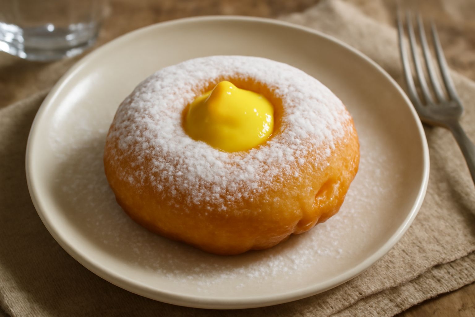 Zeppole calabresi dorate e gonfie coperte di zucchero a velo, disposte su piatto bianco, con una tagliata che mostra il ripieno di crema gialla all'interno