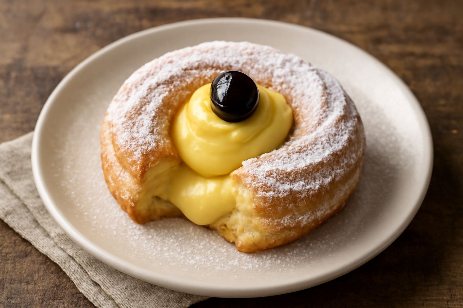 Zeppola di San Giuseppe appena fritta, dorata e croccante, ricoperta di zucchero a velo, con crema pasticcera visibile al taglio e una ciliegia di amarena rossa sulla sommità, posata su carta bianca