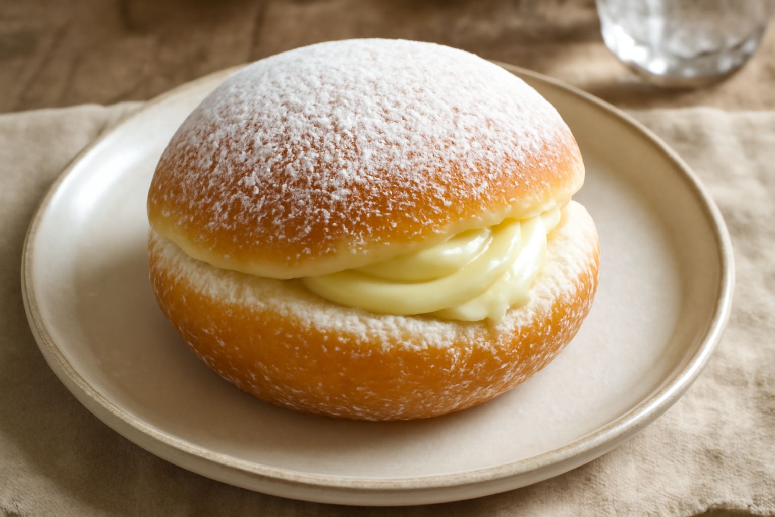Zeppole dorate e croccanti disposte su carta bianca, ricoperte di zucchero a velo, con un ripieni di crema bianca visibile dal taglio trasversale