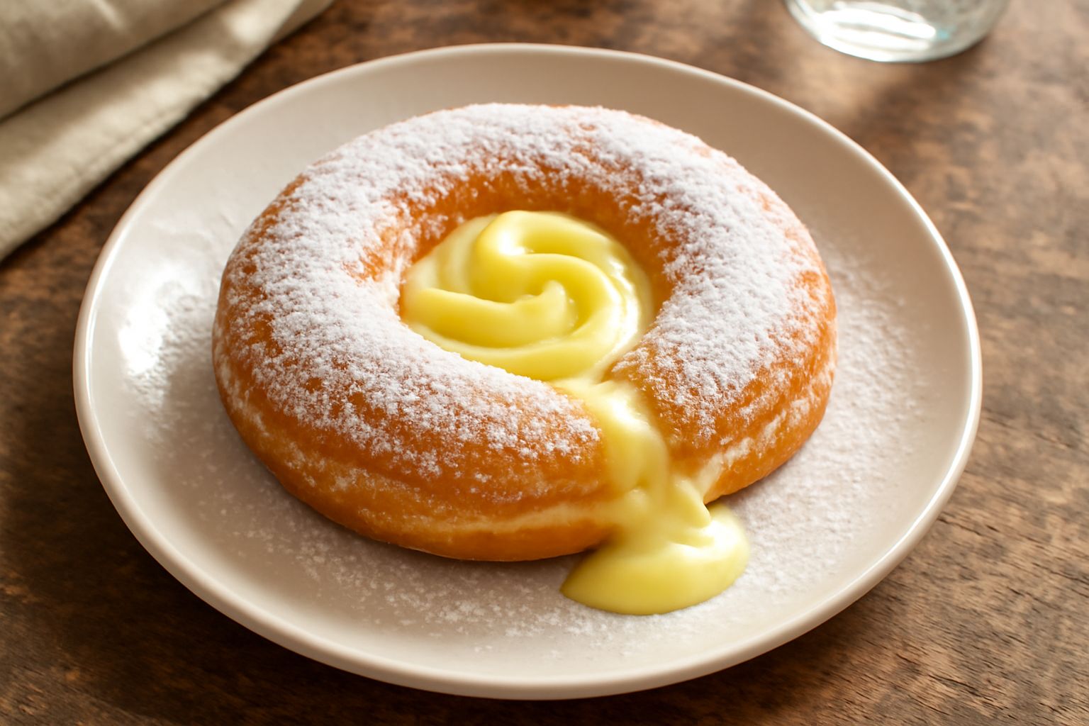 Zeppole fritte dorate e soffici ammucchiate su un piatto bianco, ricoperte di zucchero a velo, con una crema pasticcera visibile all'interno di una zeppola spezzata
