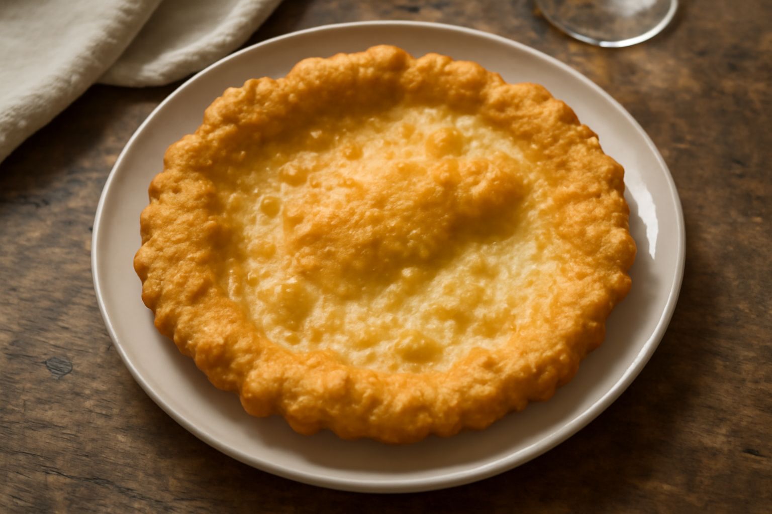 Quattro zeppole salate dorate e croccanti, ancora fumanti, disposte su carta assorbente bianca, con interno visibile bianco e spugnoso, leggera granatura di sale marino in superficie