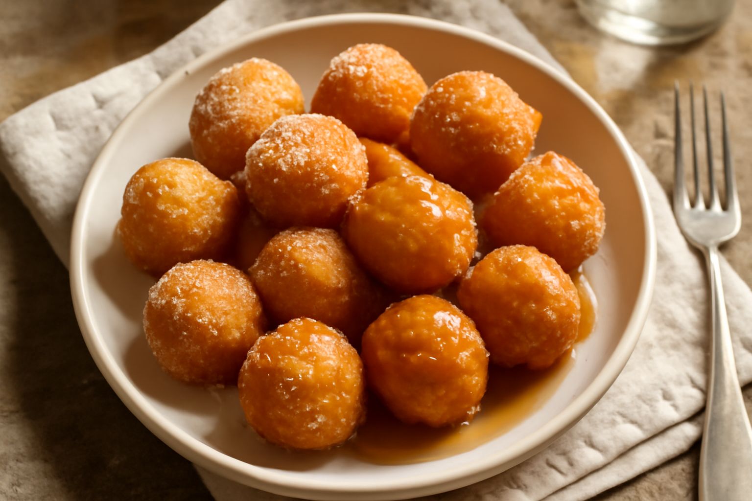 Zeppole dorate impilate su un piatto bianco, ricoperte di zucchero granulato, con qualche cristallo che brilla alla luce, accanto una ciotola con miele liquido dorato