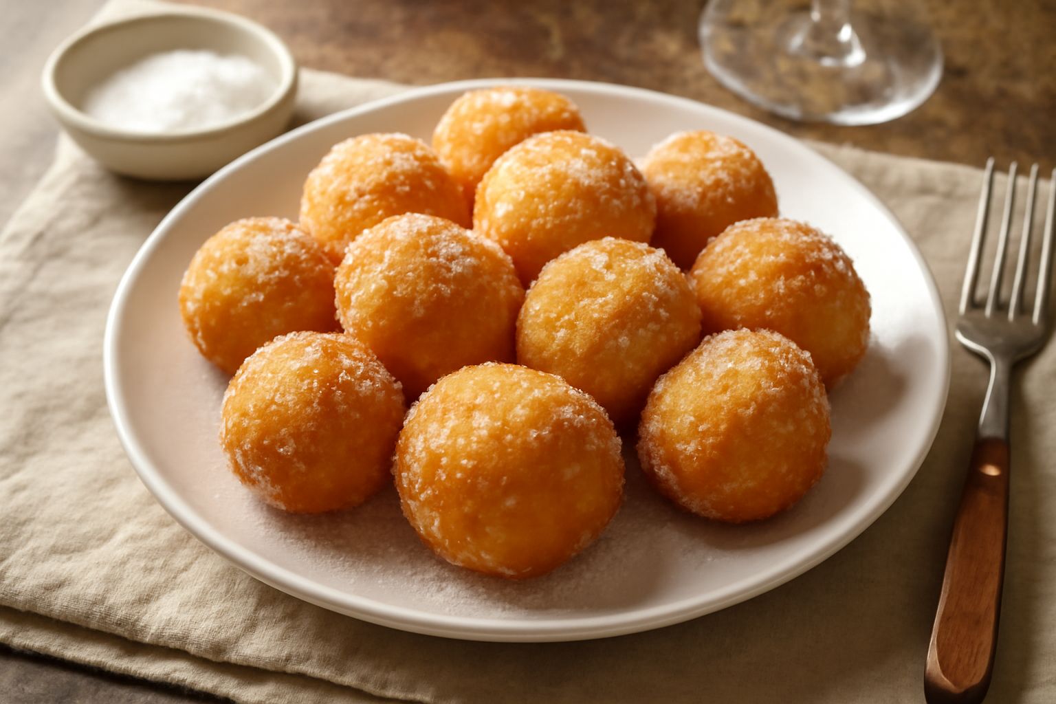 Zeppole calabresi dorate e croccanti disposte su un piatto bianco, ricoperte di miele che goccia e spolverizzate di zucchero fine, una accanto all'altra, ancora fumanti
