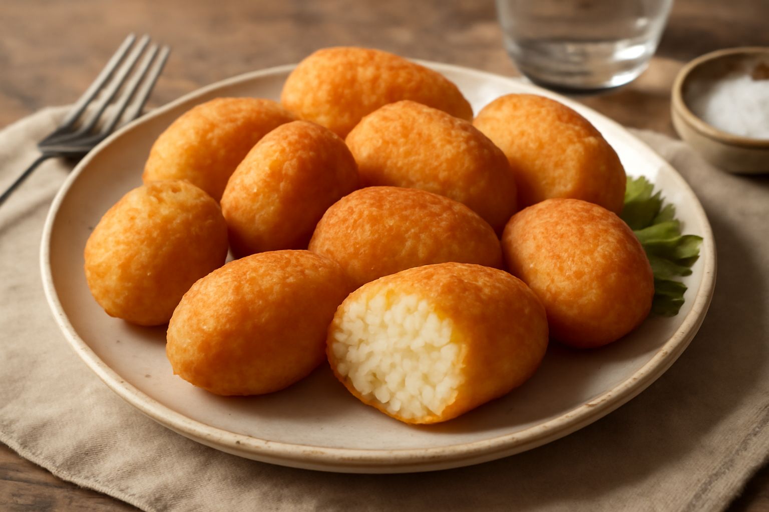 Zeppole di patate dorate e croccanti su un piatto bianco, cosparse di sale grosso, ancora fumanti, con interno morbido visibile dalla rottura