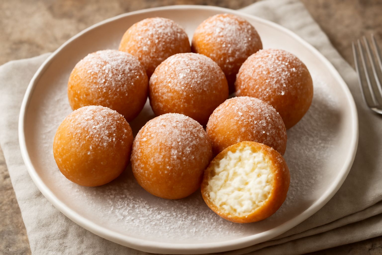Zeppole di ricotta dorate, sferiche, ricoperte di glassa bianca opaca e guarnite con un pezzo di ciliegia candita rossa al centro, disposte su piatto bianco o carta oleata