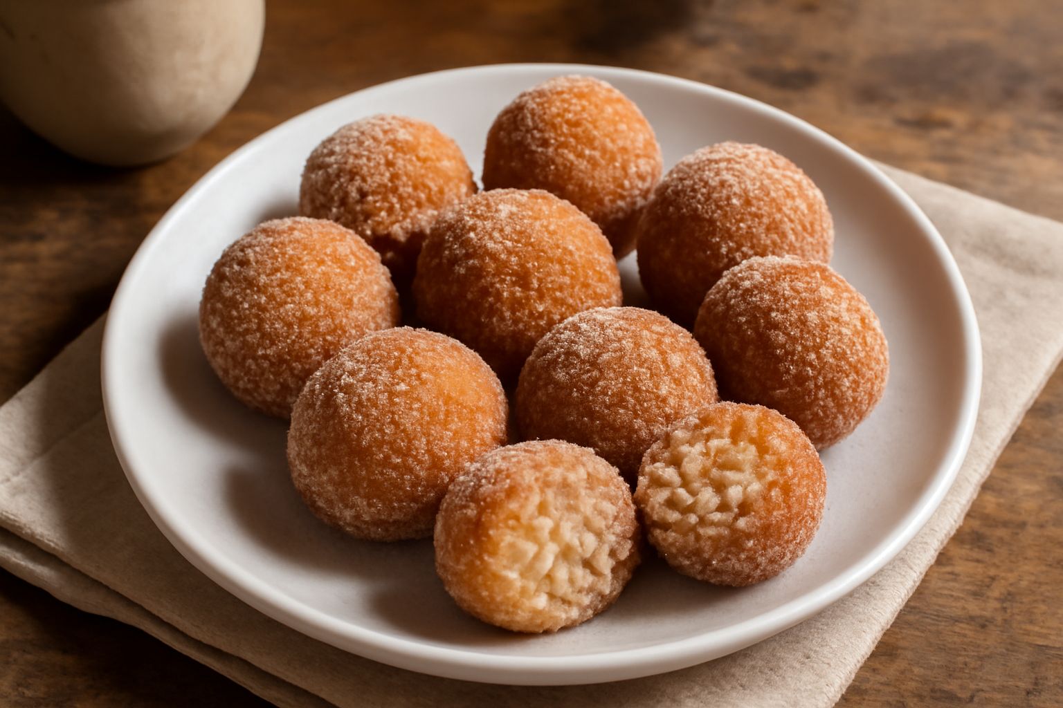 Zeppole di riso dorate su un piatto bianco, coperte di zucchero e cannella, accanto una tazza di caffè e un cucchiaio di miele