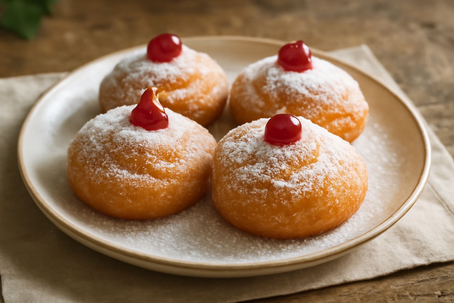 Zeppole dorate e soffici su piatto bianco, ricoperte di zucchero a velo, con guglia di pasta croccante e una ciliegia candita rossa in cima, vapore caldo che sale dal dolce ancora tiepido