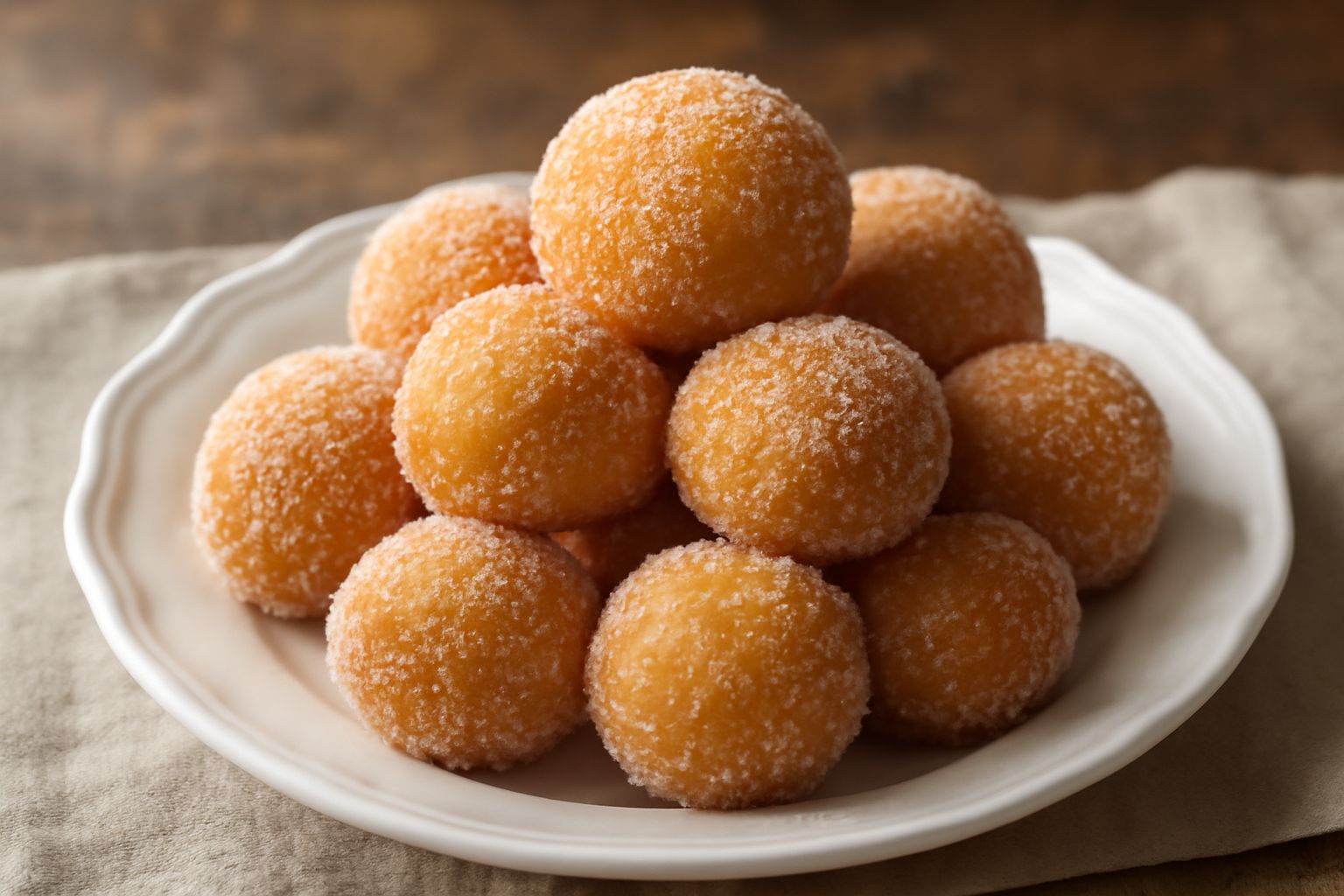 Otto zeppole dorate e croccanti ricoperte di zucchero semolato bianco, disposte a piramide su un piatto bianco di ceramica, con zucchero che cade intorno al piatto