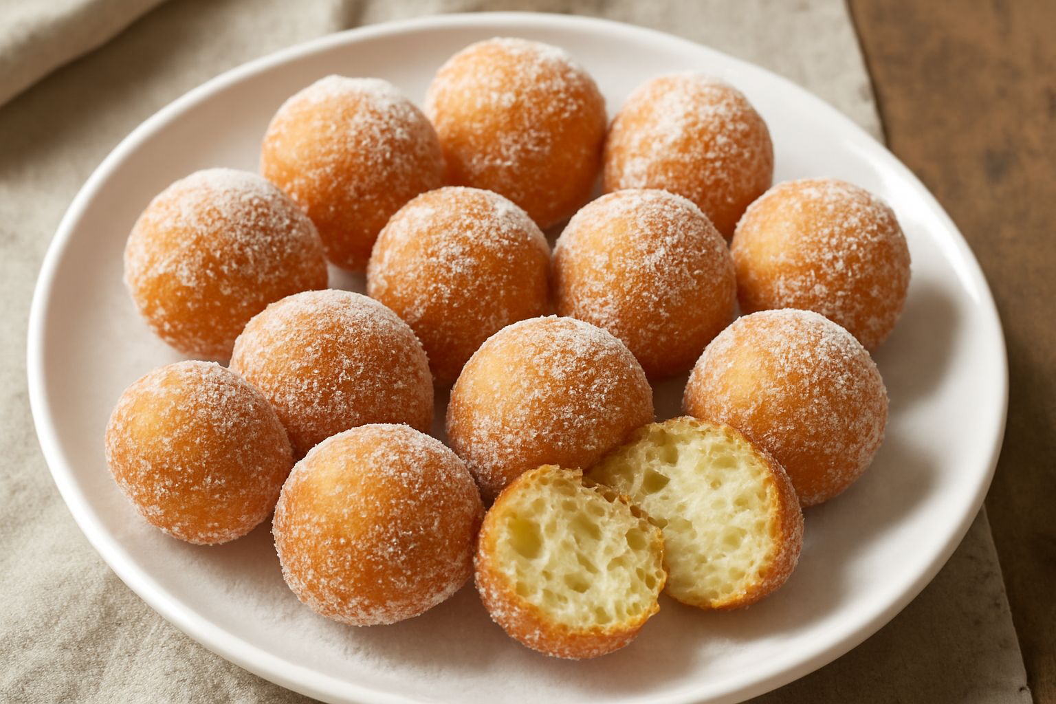 Zeppole fritte dorate e sferiche, coperte di zucchero bianco, appoggiate su carta bianca, con tracce di zucchero intorno e una di zeppole aperta che mostra l'interno morbido