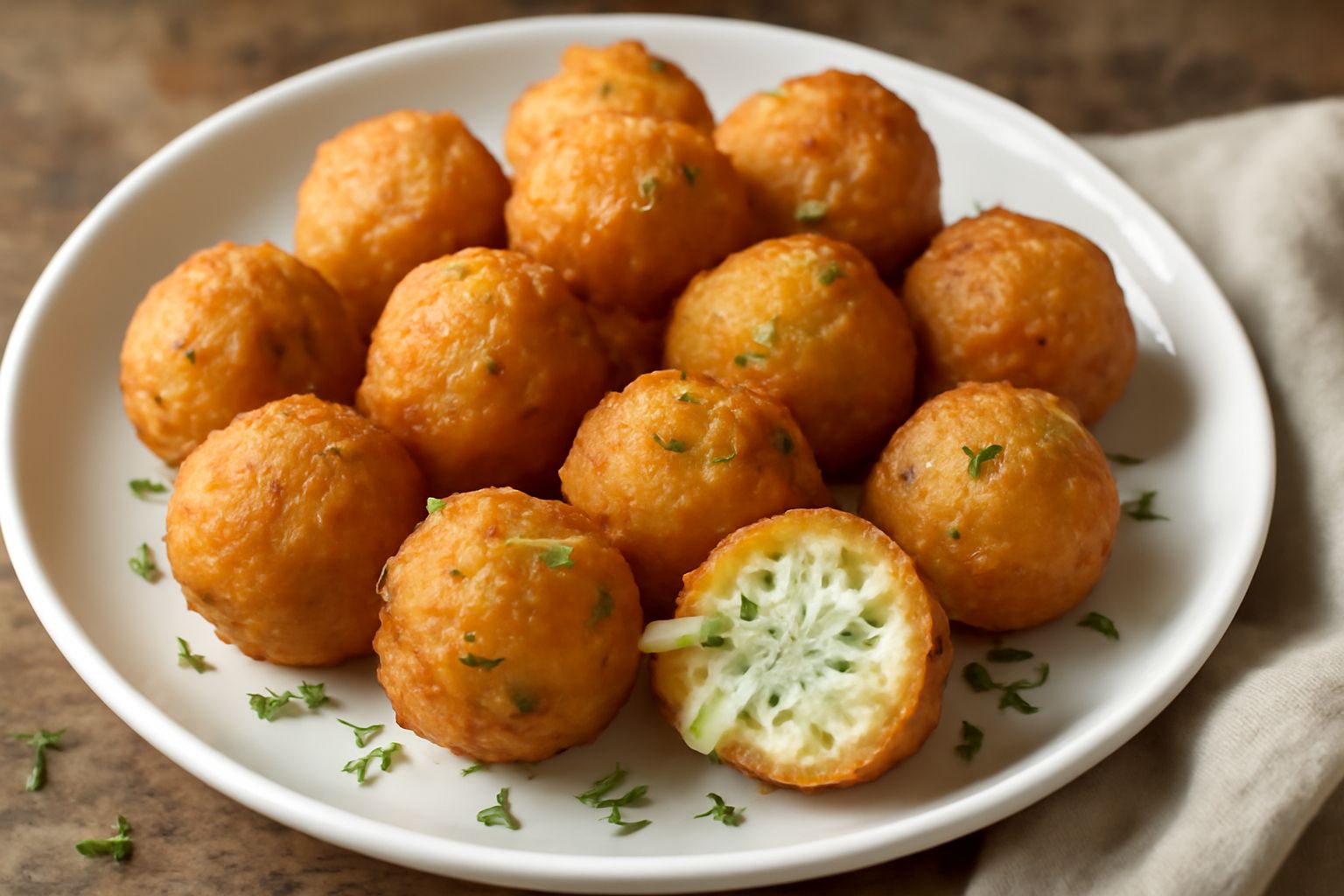 Zeppole salate dorate e croccanti impilate su un piatto bianco, con cristalli di sale marino visibili sulla superficie, erbe aromatiche sparse intorno e una ciotola di formaggio grattugiato sullo sfon