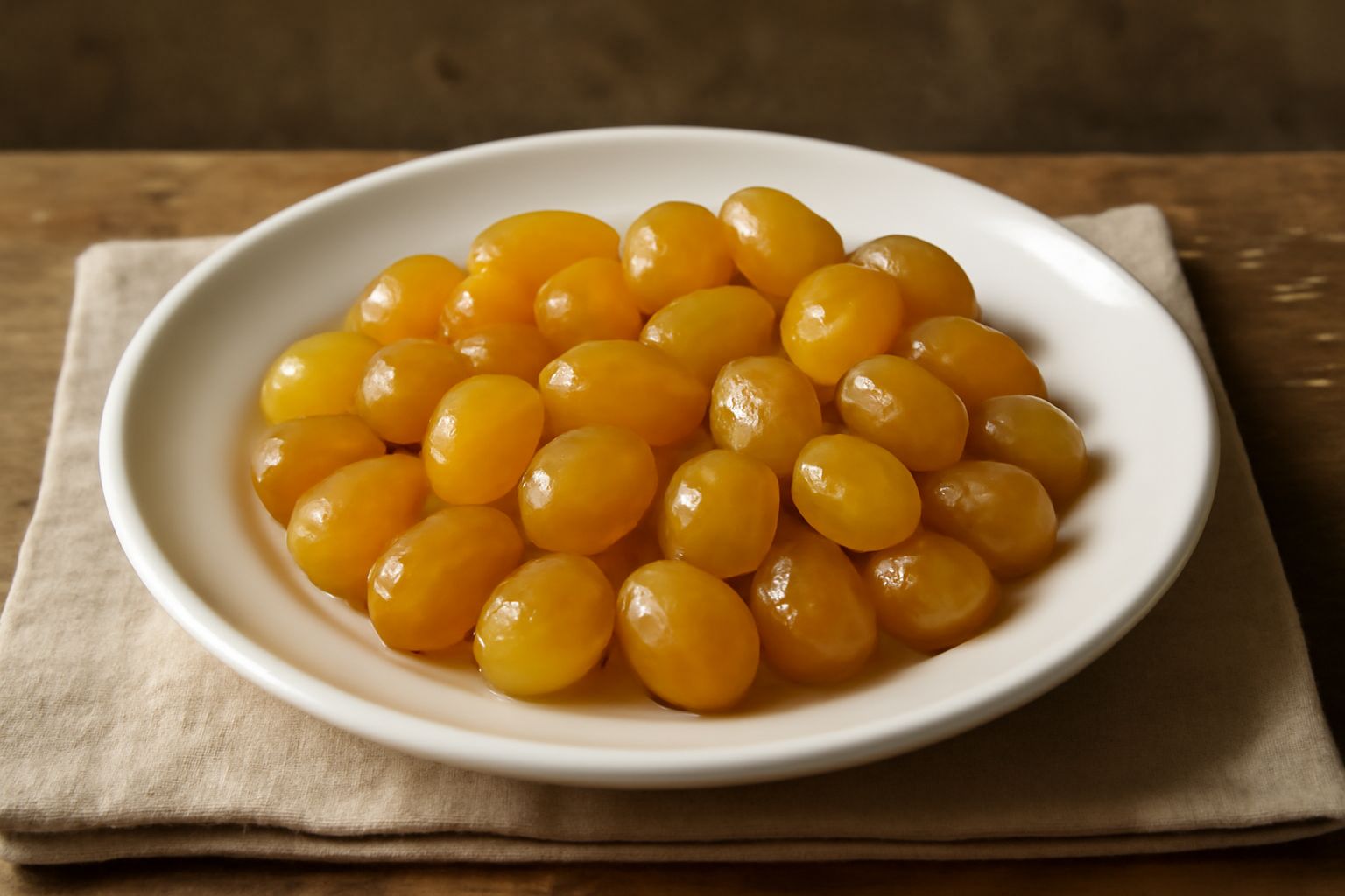 Chicchi di zibibbo dorato e translucido sparsi su una superficie bianca, con alcuni ancora raggruppati, dalla consistenza morbida e lucida