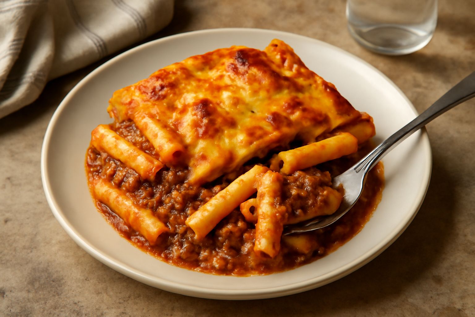Ziti al forno dorati in superficie, cremosi al centro, in una pirofila di ceramica con formaggio fuso e ragù rosso visibile, contorno di insalata verde fresca