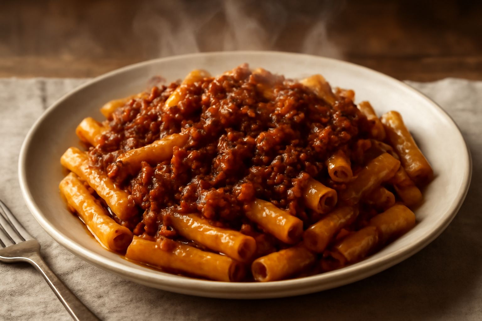 Piatto di ziti al ragù con pasta rigatoni ricoperta di salsa rosso scuro e ragù di carne macinata, condimento che ricopre il fondo bianco del piatto, grattugia di formaggio parmigiano sui bordi.