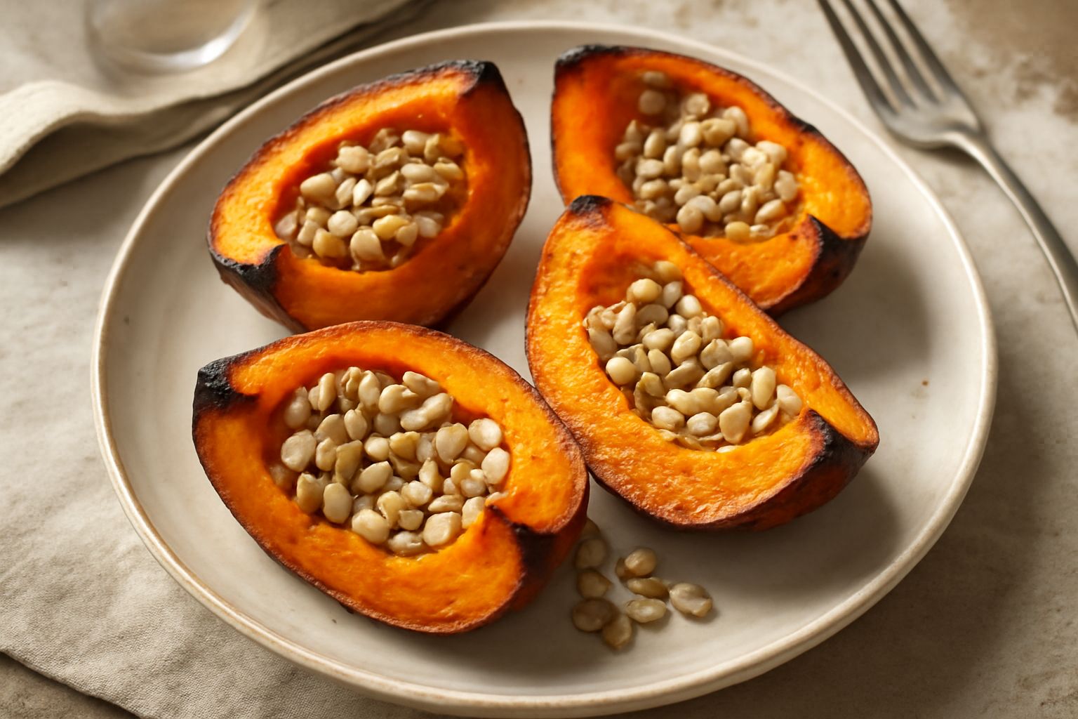 Spicchi di zucca al forno dorati e morbidi su una teglia di ceramica bianca, con la polpa arancione morbida visibile al taglio, bordi leggermente caramellati, cosparsi di olio e sale grosso