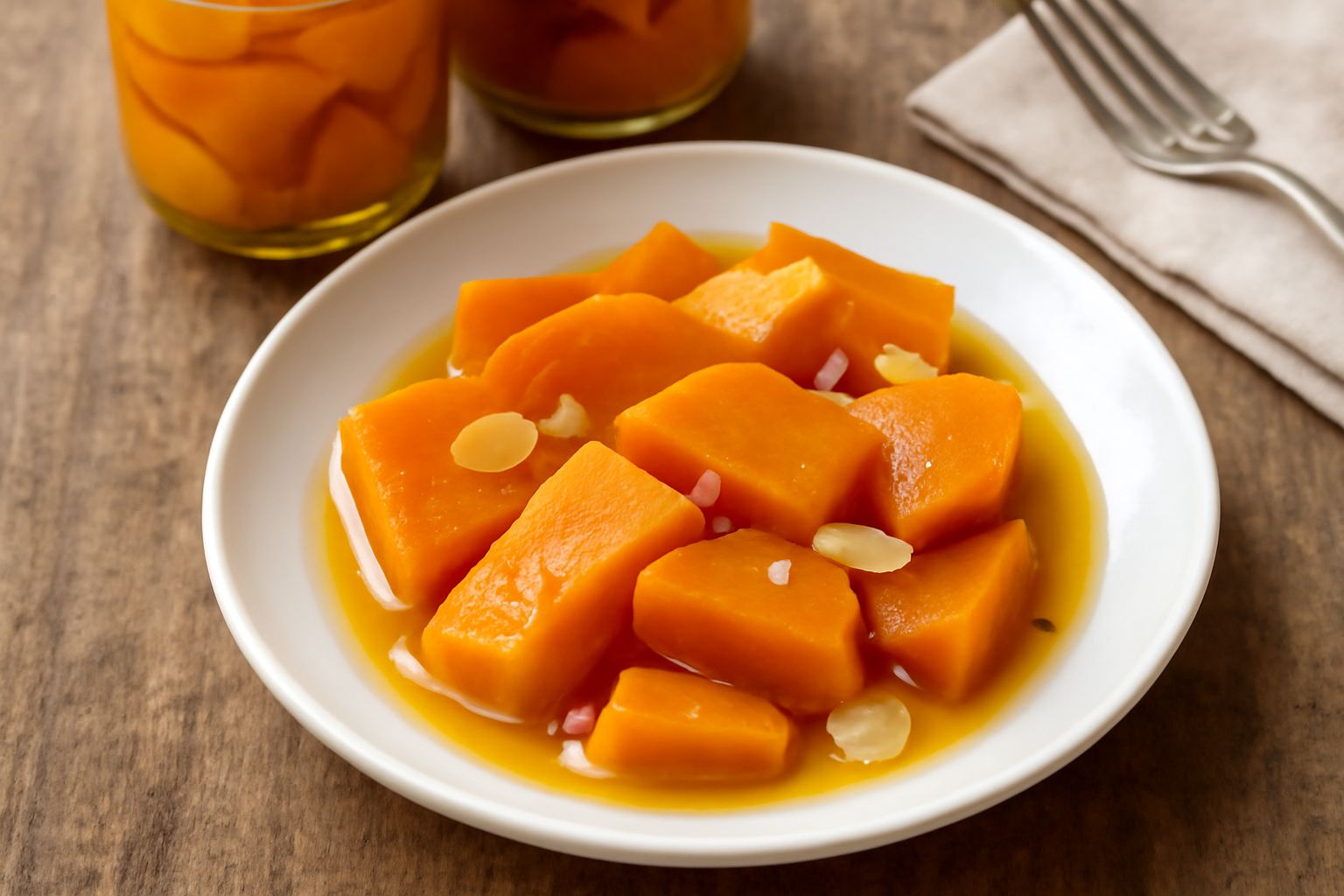Barattoli di vetro con fette di zucca arancione brillante, lucida d'olio e aromi visibili, disposti su un tavolo di legno accanto a una zucca intera color ocra e alcune foglie fresche di salvia