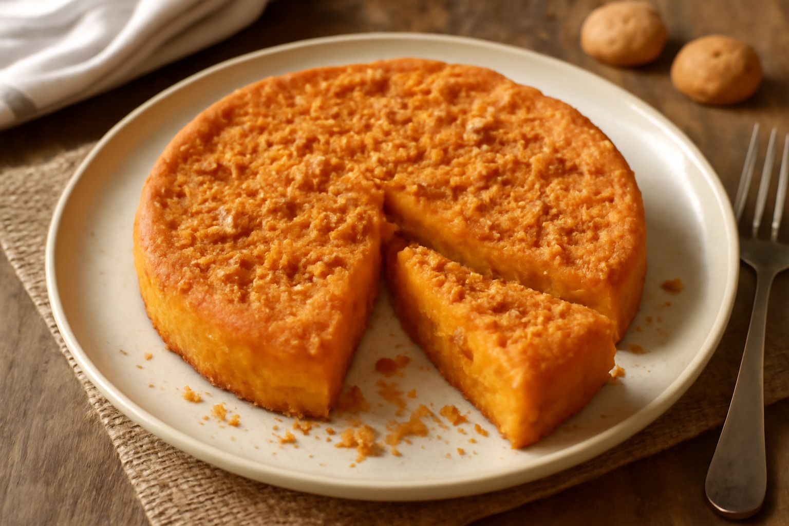 Un tortino rotondo di zucca color arancione su piatto bianco, con superficie dorata e friabile, pezzetti di amaretti caramellati sparsi in superficie, taglio di fetta sulla destra che mostra l'interno