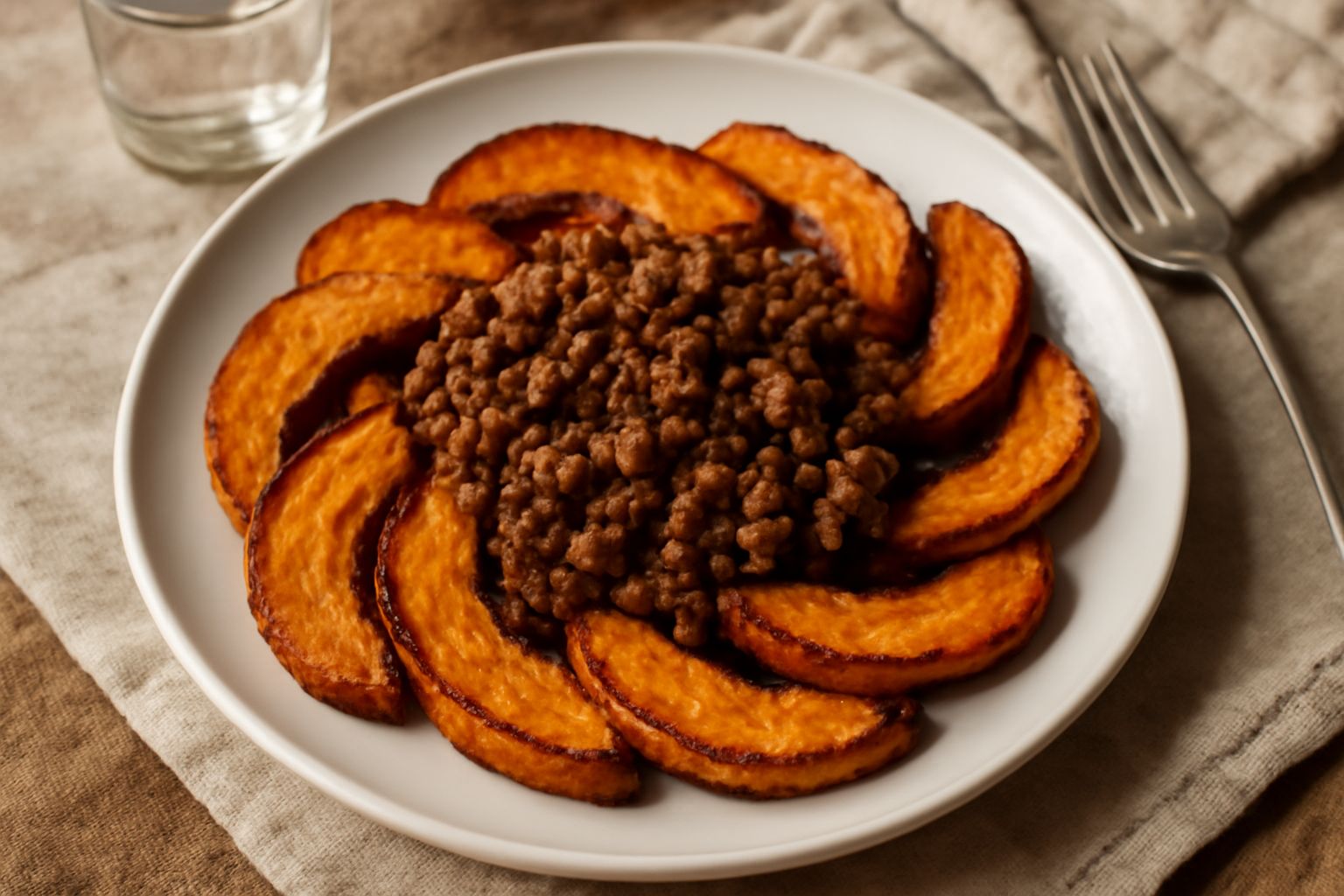 Piatto bianco con fette di zucca dorate e croccanti, carne macinata marrone scuro e umida, pezzetti di cipolla trasparente, prezzemolo fresco verde sparso in superficie, vapore leggero che sale dal pi