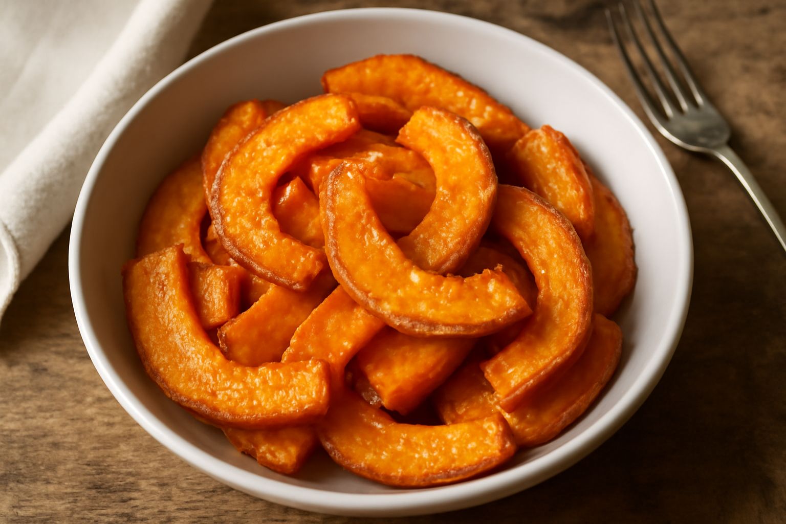 Fettine di zucca dorata e croccante disposte su un piatto bianco, ancora fumanti, con una leggera patina lucida dall'olio, contorni sfumati di marrone chiaro