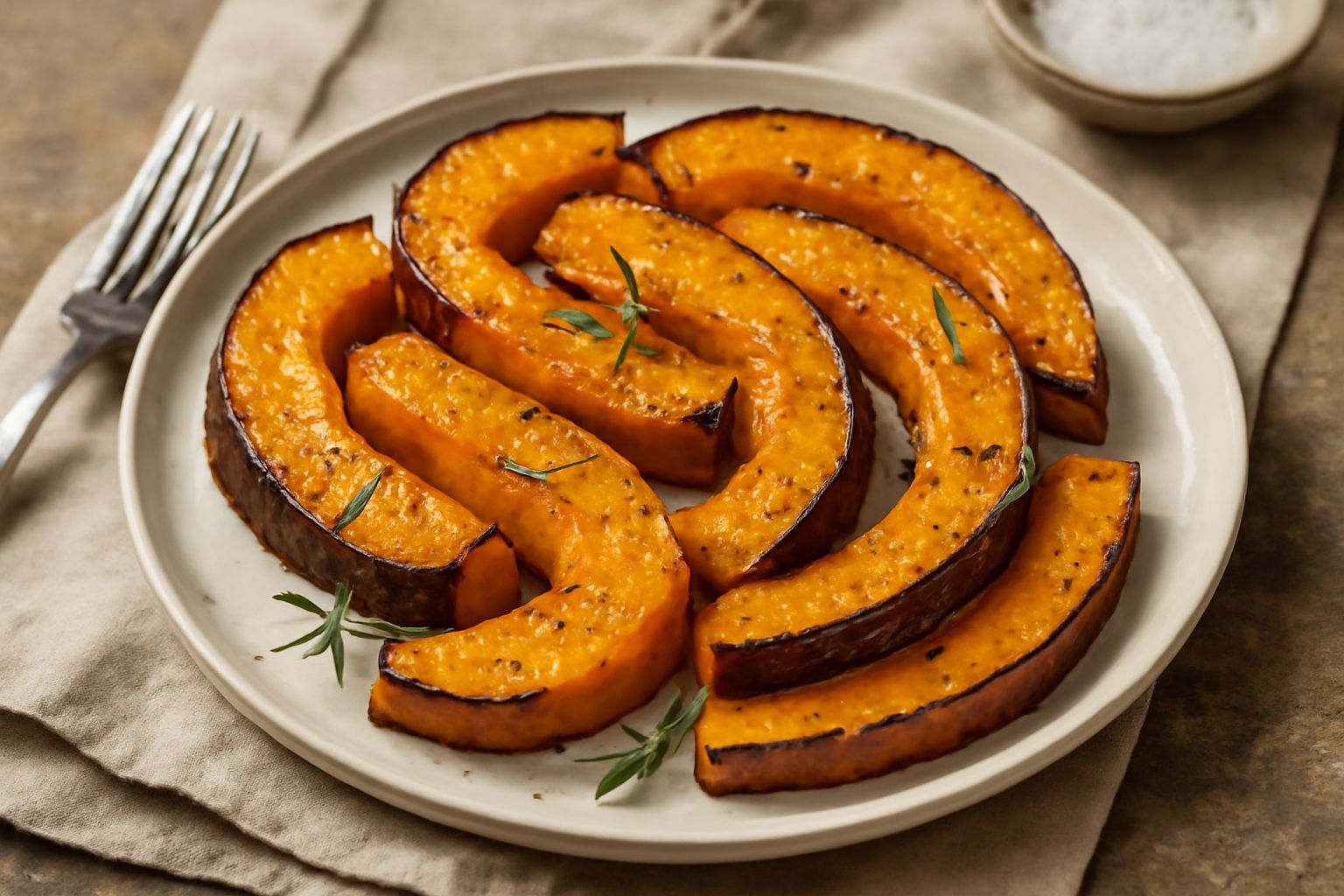 Fette di zucca gialla al forno disposte su una teglia, dorate e leggermente arrossate ai bordi, con fili d'olio d'oliva, rosmarino fresco e grani di sale marino visibili sulla superficie