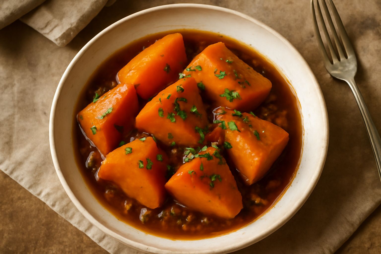 Zucca gialla brasata in un piatto bianco, pezzi morbidi di colore arancione intenso bagnati in brodo ambrato con sedano, carota e cipolla dorata, cosparsi di prezzemolo fresco