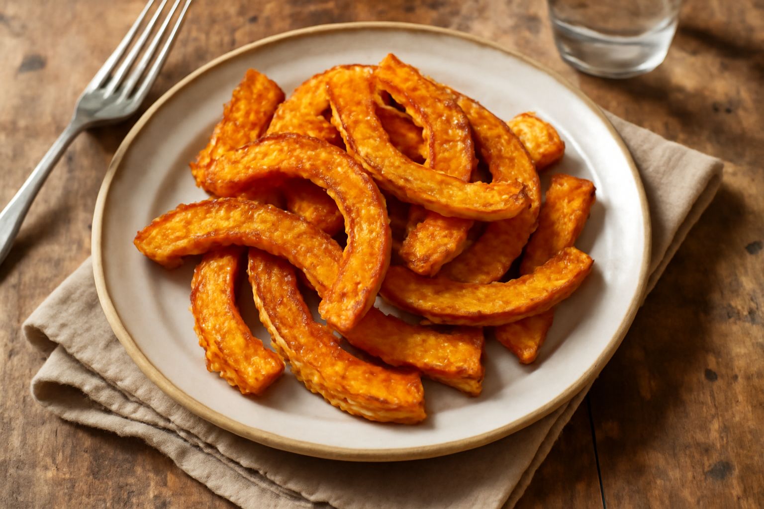 Fette di zucca gialla fritte, dorate e croccanti, disposte su un piatto bianco con carta assorbente, cosparse di sale grosso