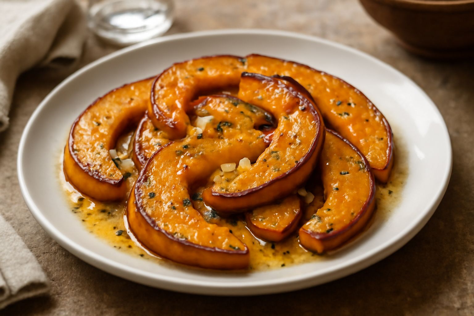 Fette di zucca gialla dorate e croccanti in una padella, cosparse di prezzemolo fresco e aglio, con olio che riluce sulla superficie delle verdure